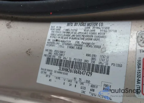 2006 Lincoln Zephyr z USA, uszkodzony, nr VIN 3LNHM26186R647429